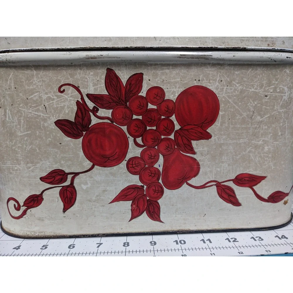 Vintage Metal Bread Box‎ Hand Painted Red Fruit Farmhouse Cream Bread Bin 13.5in